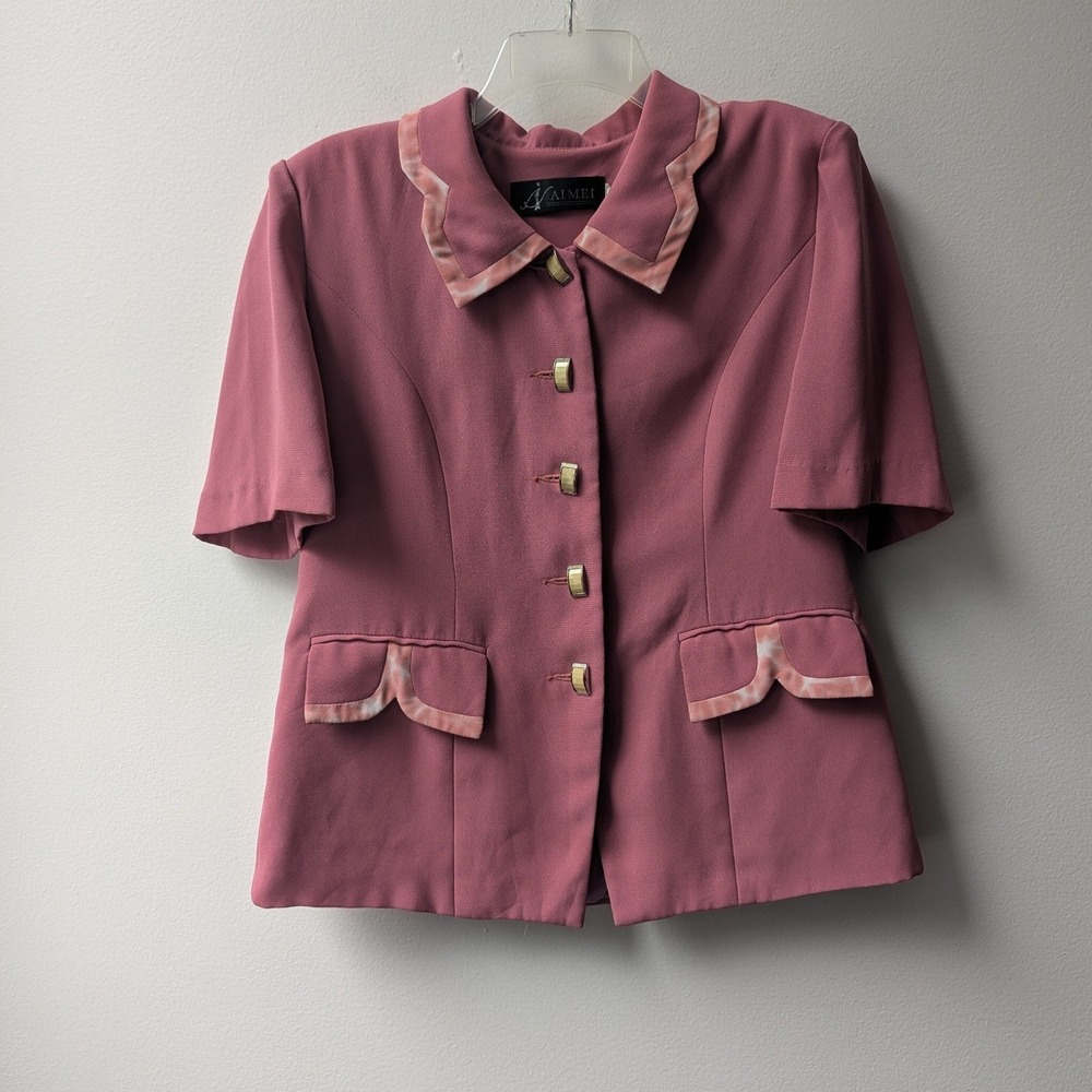 Vtg 90s Blazer Pink Short Sleeve Scalloped Trim Ornate Buttons M Tailored *READ
